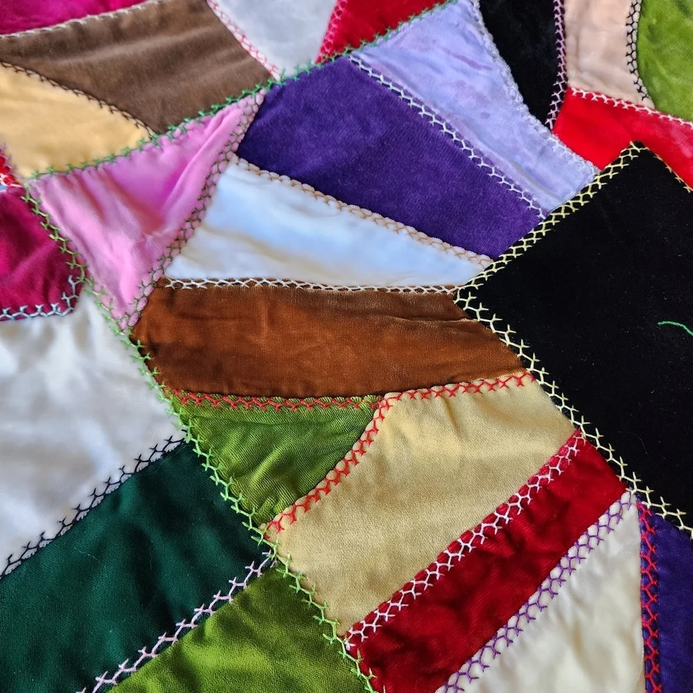 ANTIQUE Velvet Crazy Quilt bright colors floral embroidered 73in x 55in‎